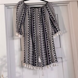 Navy and White Patterned coverup Dress with Tassels